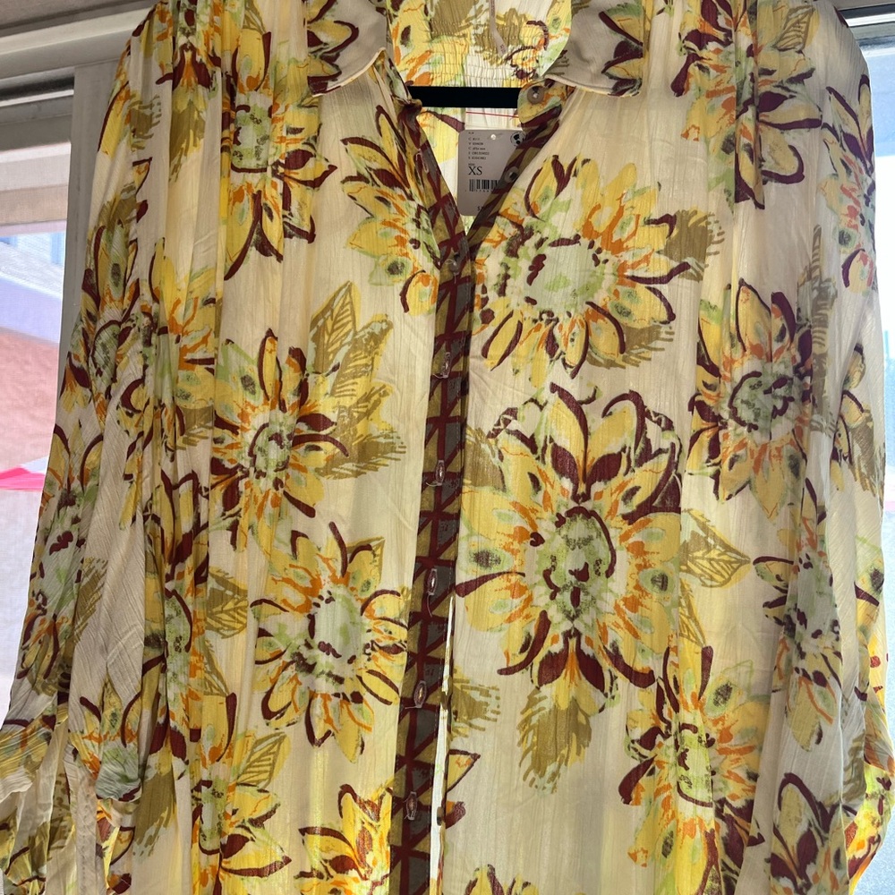 Free People NWT sunflower 🌻 Floral Sheer Button-Up Blouse